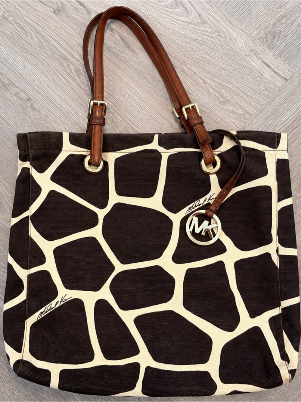 Michael Kors Vintage Giraffe Print Canvas Tote Brown Cream MK Logo